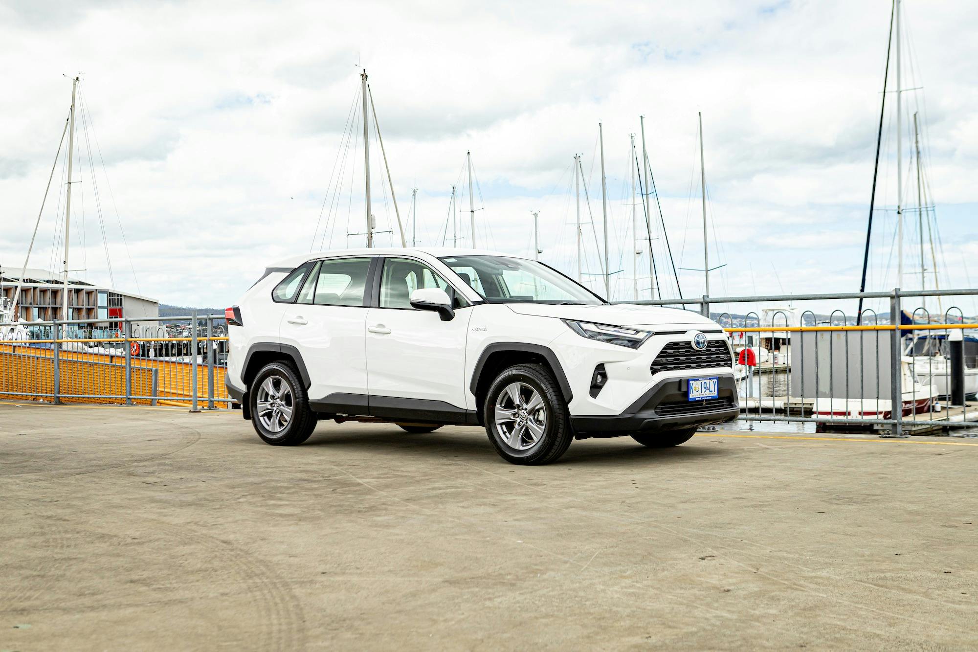 A white Toyota SUV car parked at Hobart's docks