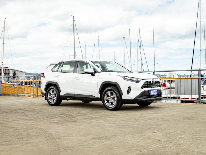 A white Toyota SUV car parked at Hobart's docks