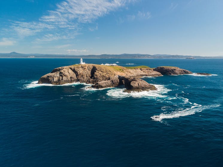 South Solitary Island aerial image showing lighthouse and archies cave