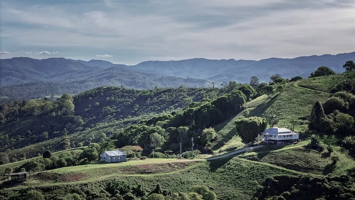 Spectacular aerial photo of Myola Estate Farmhouse, a historic Queenslander