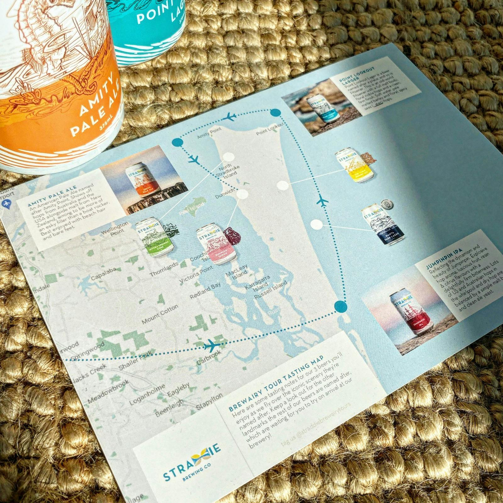 Map of North Stradbroke Island, overlaid with the flight path of the tour & beers to be tasted