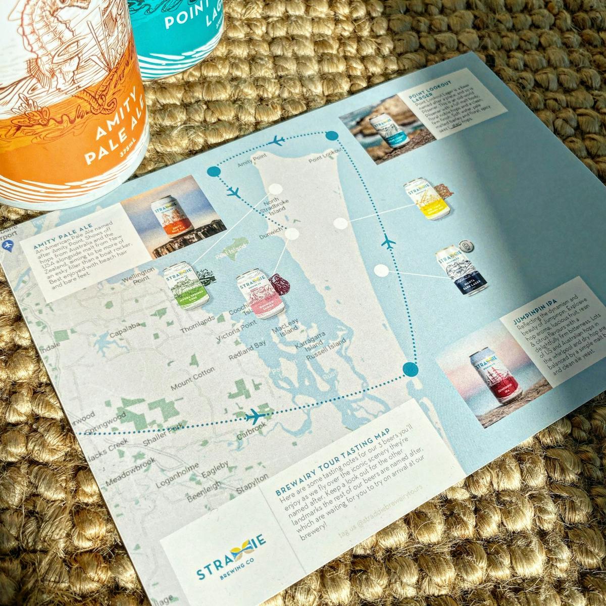 Map of North Stradbroke Island, overlaid with the flight path of the tour & beers to be tasted
