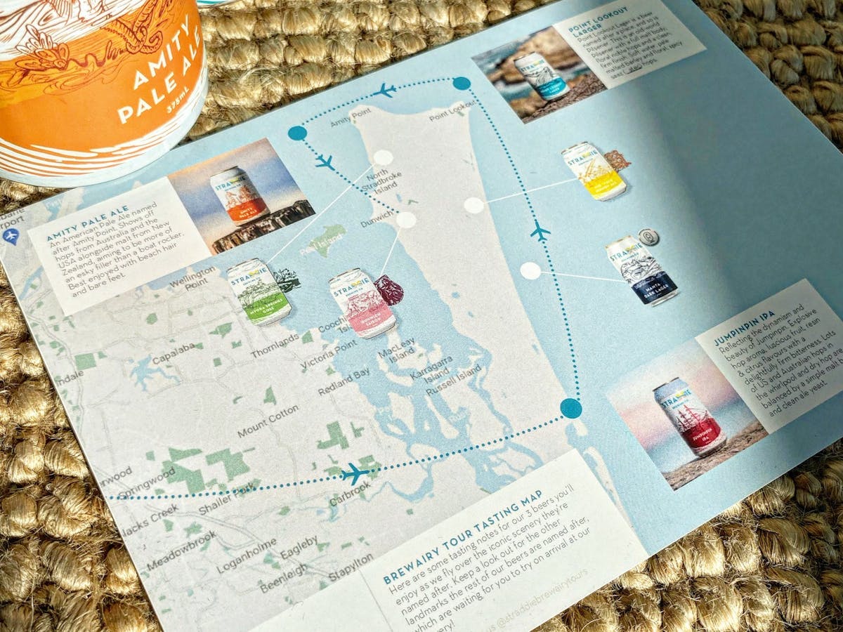 Map of North Stradbroke Island, overlaid with the flight path of the tour & beers to be tasted
