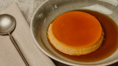 orange and chilli flan with matcha ice cream