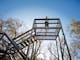 Person standing on lookout tower platform, steps and rails on left side, trees, leaves, blue sky