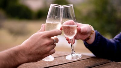 Two people clinking champagne glasses at Lanyon Homestead