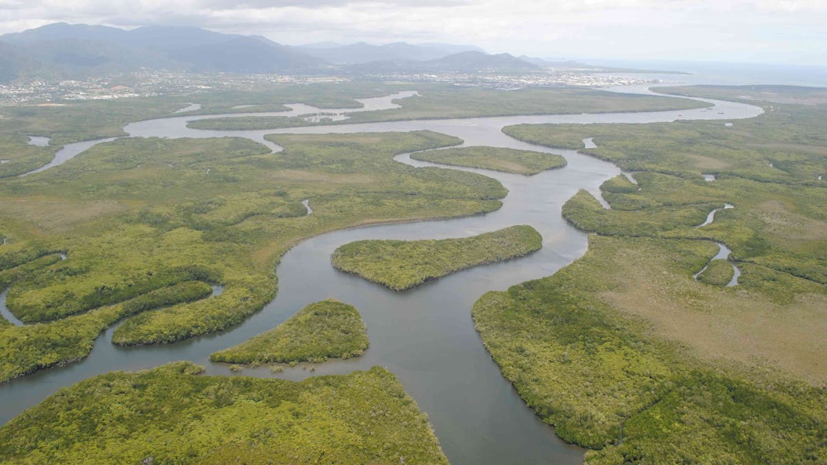 Drone shot of the Trinity Inlet waterways near Cairns in Tropical North Queensland