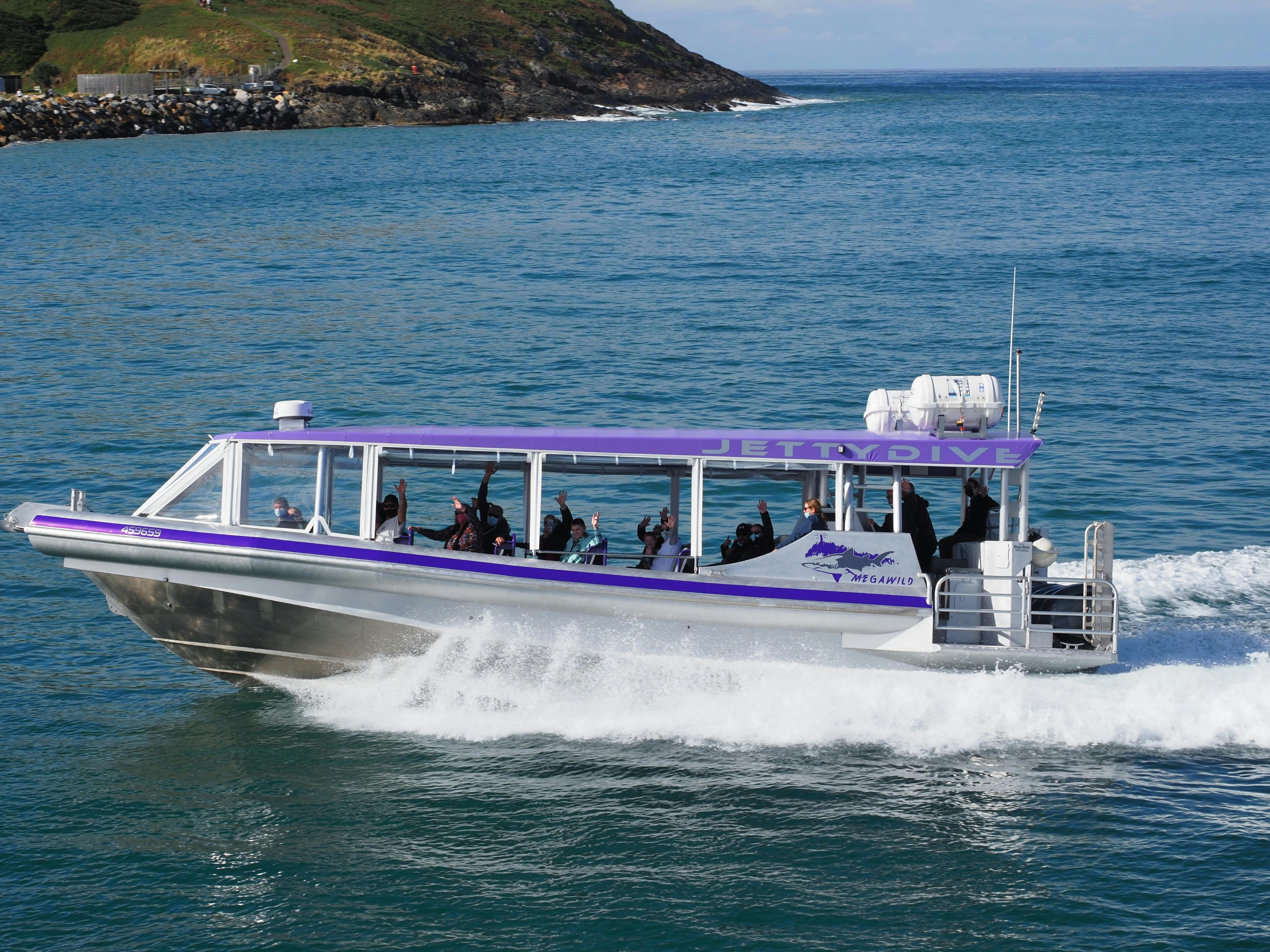 Boat called "Mega Wild" driving in the water, has a purple roof and open sides.