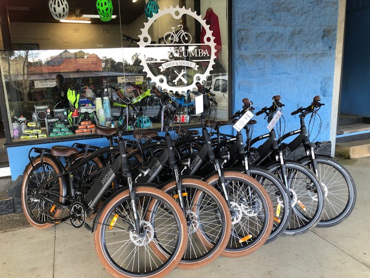 Hire e-bikes at the front of the Ride Tumba shop.