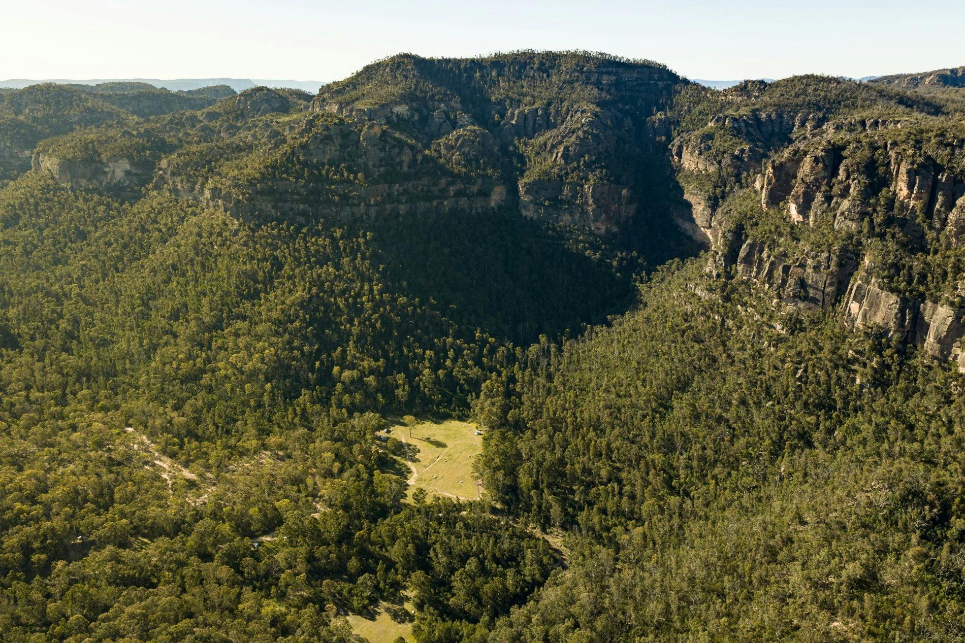 An aerial view of Newnes including the campground and surrounding mountains
