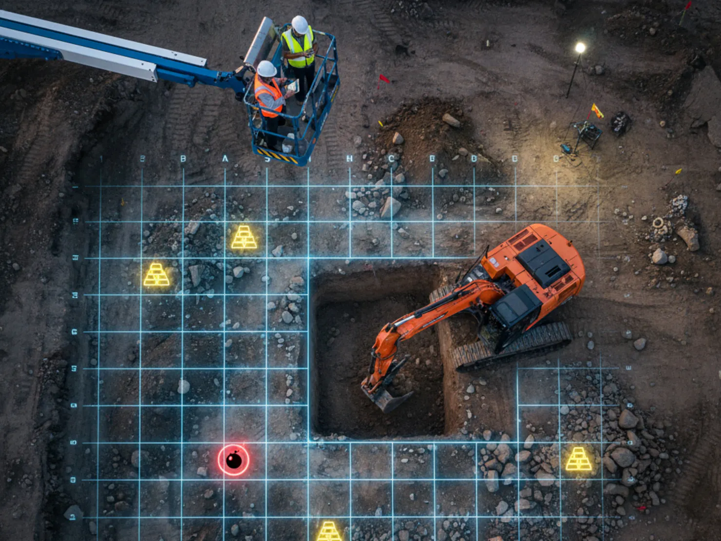 An excavator digs over a stylised map while two people look from overhead in a boom lift