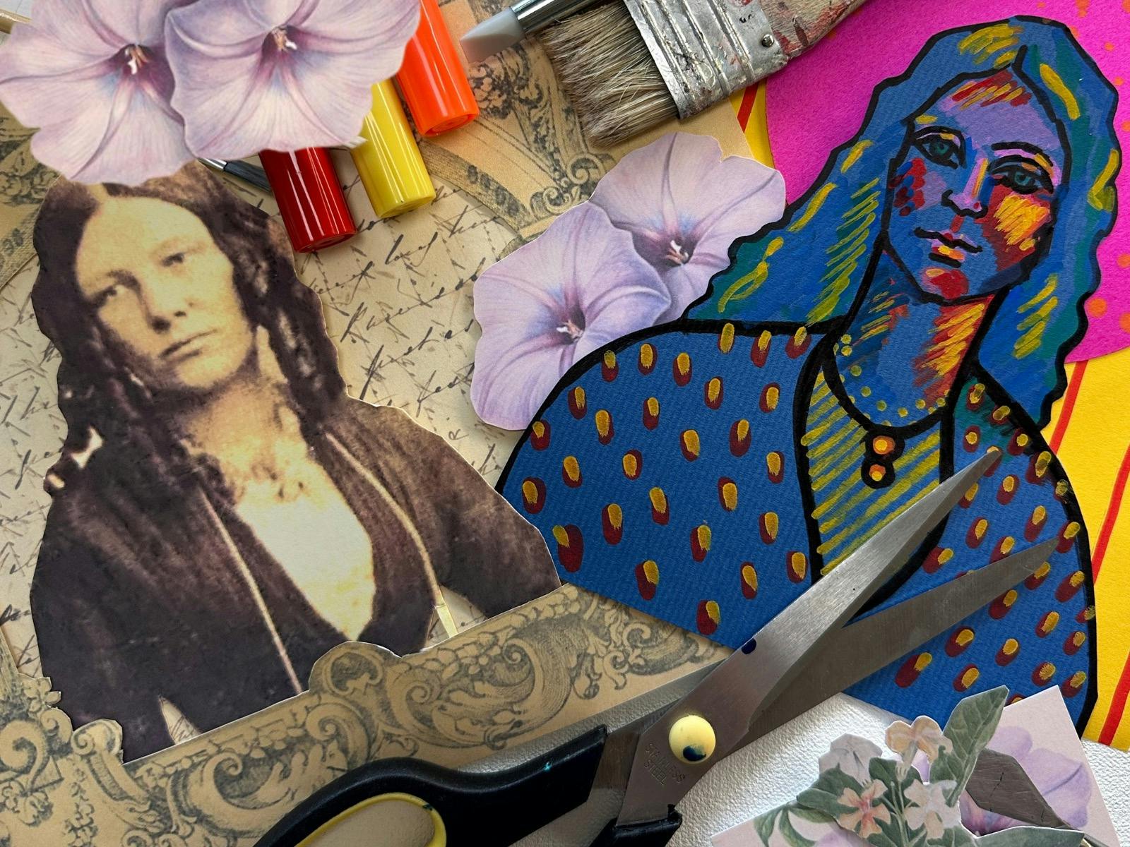 A range of mixed media is on a table including 2 portraits, one traditional in sepia + a bright one