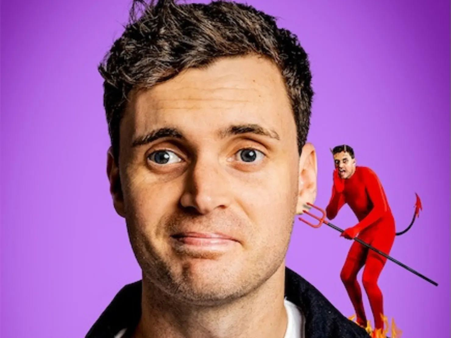 A young man in black jacket against purple background with a little red devil of himself on the side