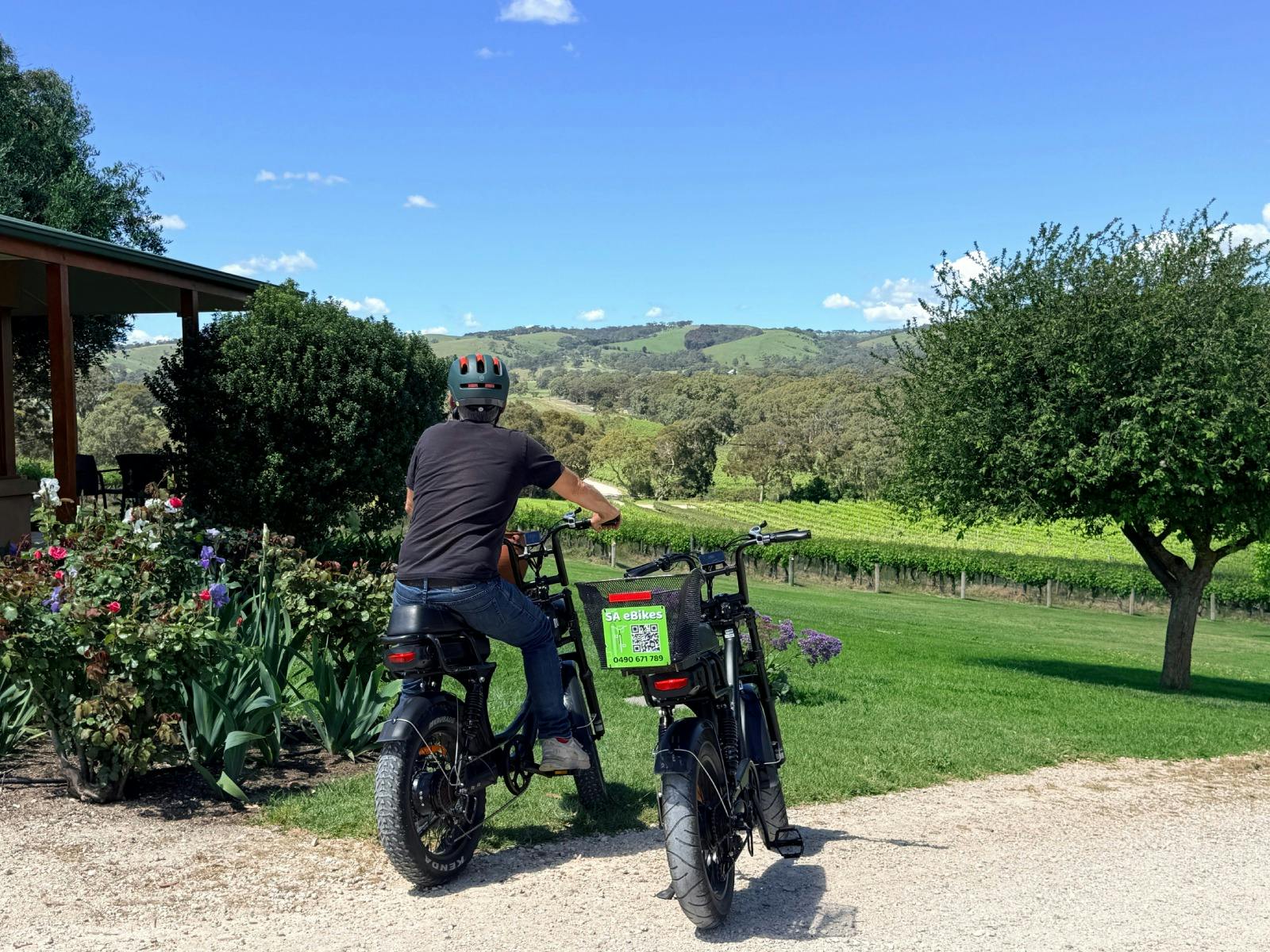 An eBike rider admiring the stunning scenery at DogRidge Wines