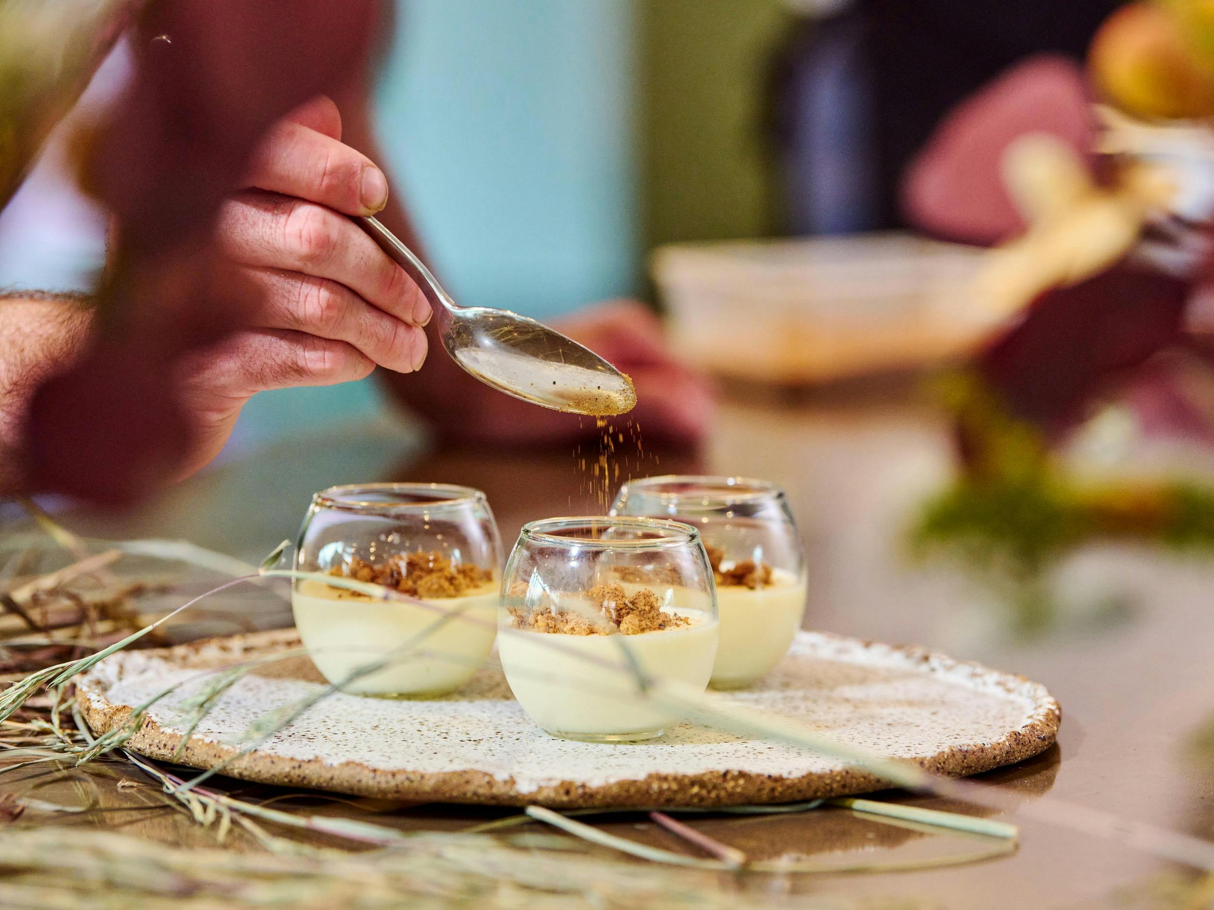 Burnt barbed wire grass and emu egg custard by First Nations Chef Chris Jordan/Three Little Bird