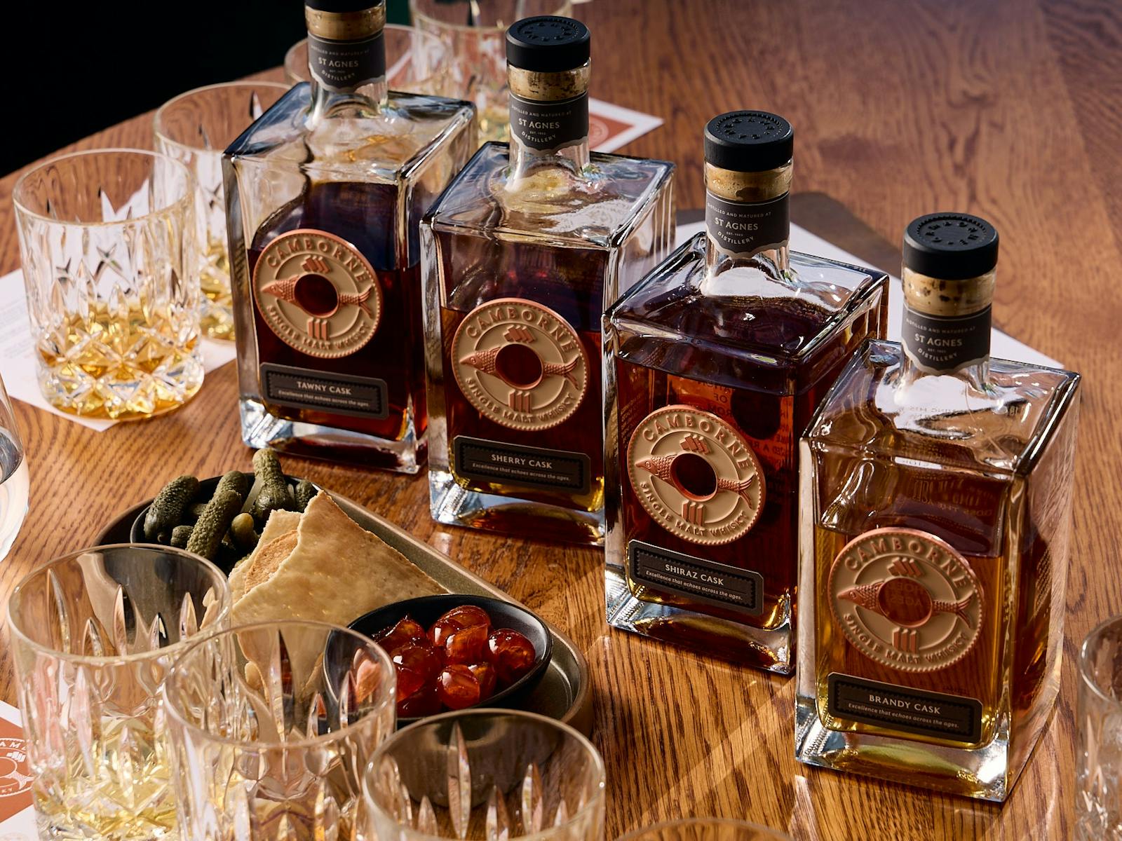 Taste four single malt whiskies created by the St Agnes Distillery, accompanied by nibbles