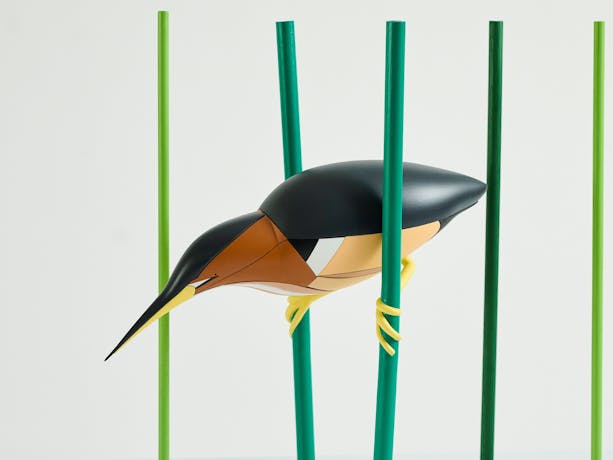 A 3D artwork showing a black and brown bird with a long beak perched on long green stalls