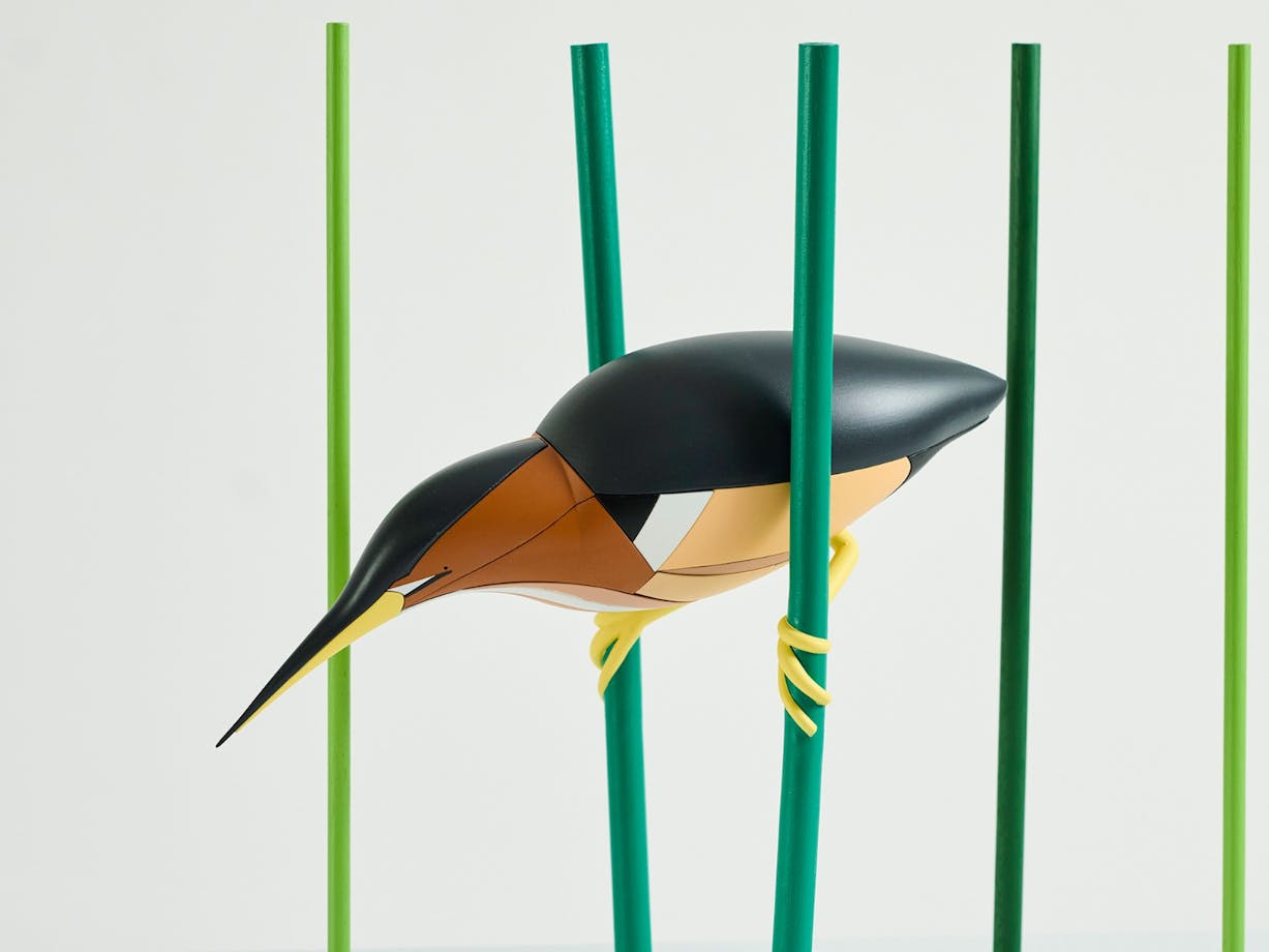 A 3D artwork showing a black and brown bird with a long beak perched on long green stalls