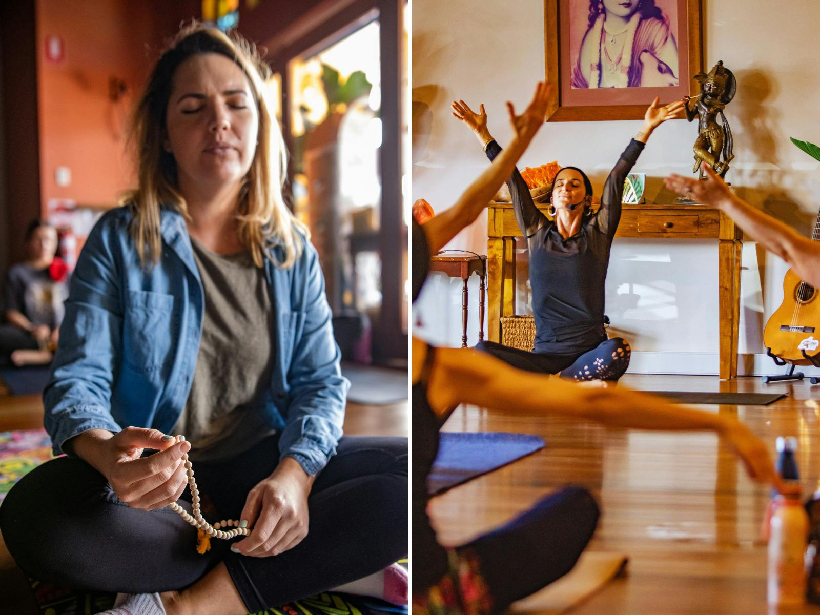 One woman meditating with mala beads, another woman with arms up in a seated yoga pose