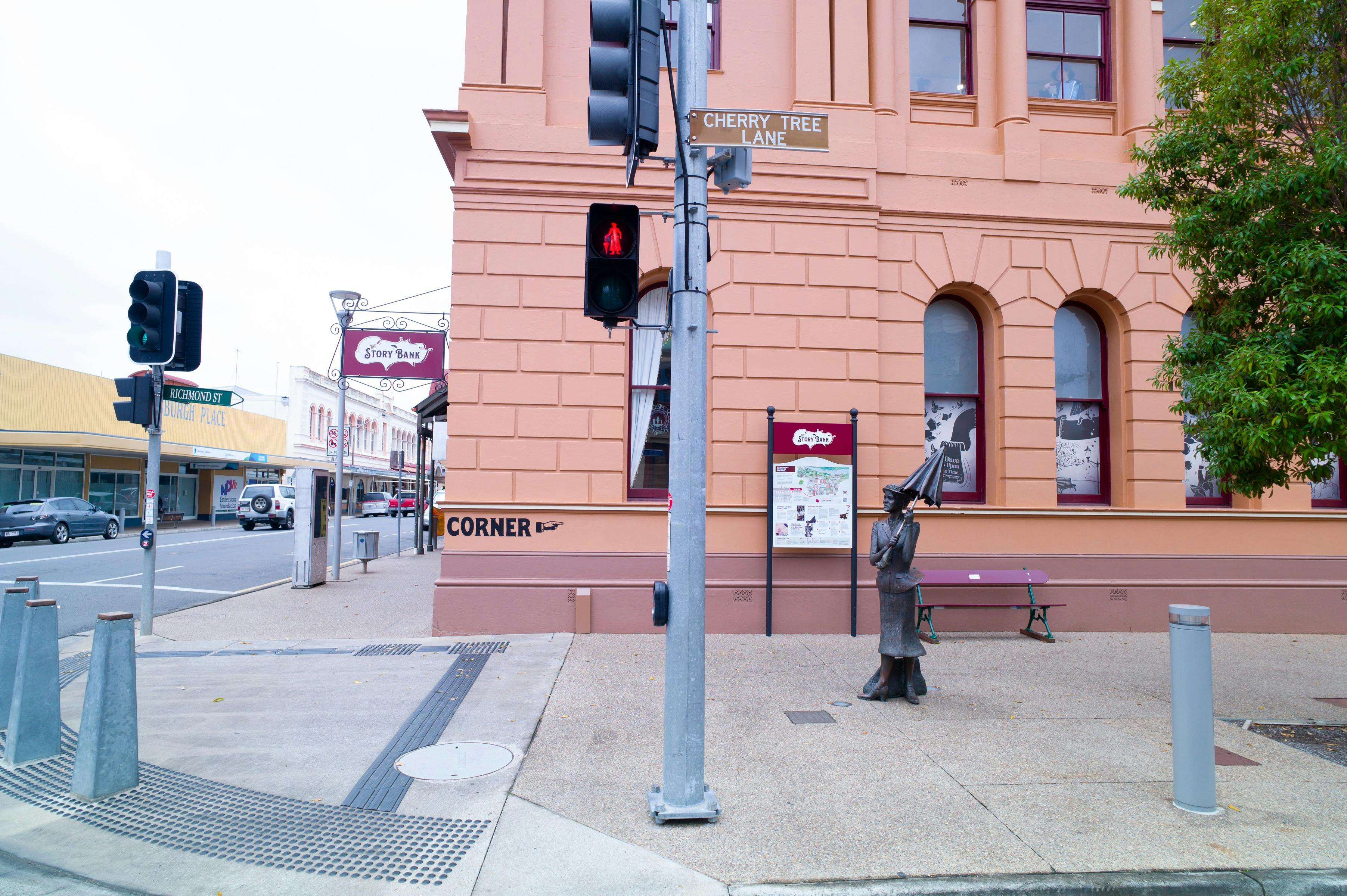 photo of Mary Poppins statue outside Storybank. The bank of stories.