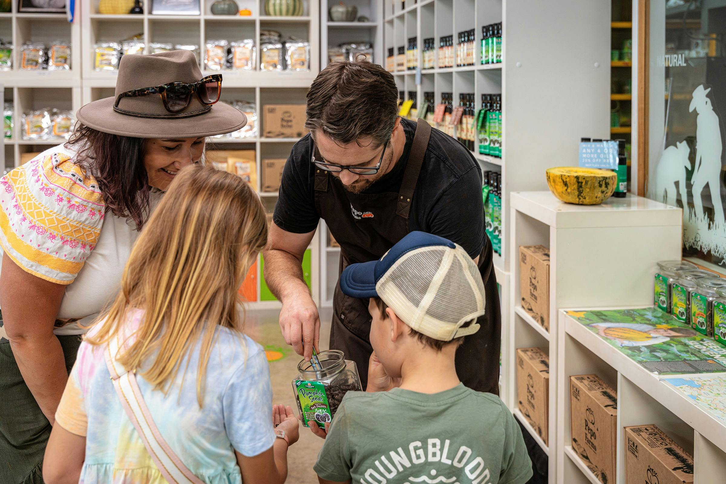 Pepo Farms family tasting chocolate coated pumpkin seeds
