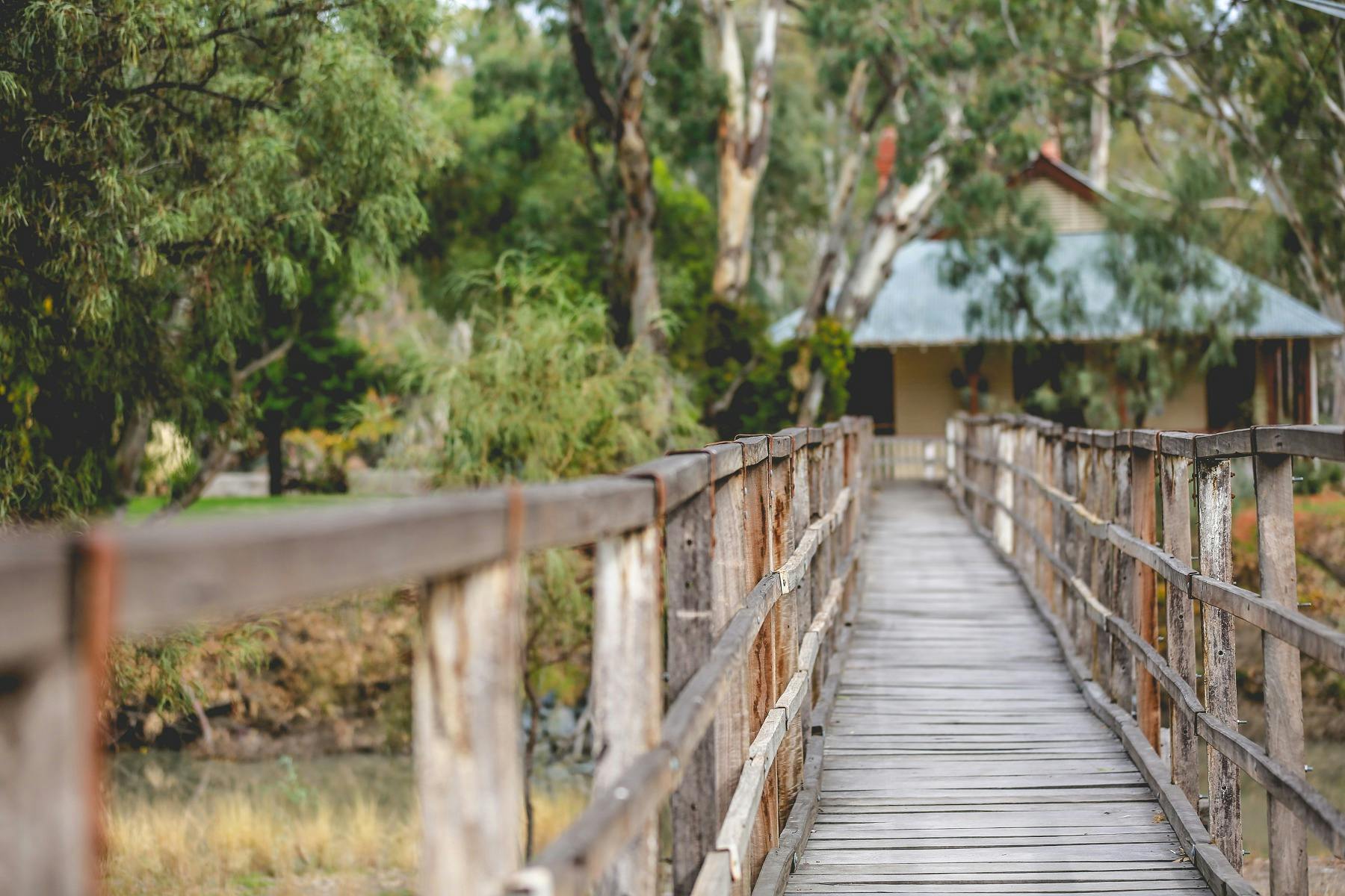 Wooden walkway leading to old building, trees surrounding