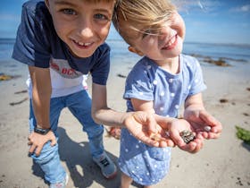 Two happy children with shells in their hands