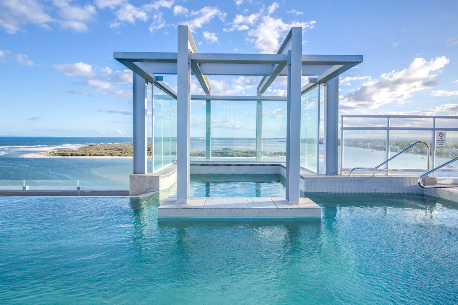 Views of Pumicestone Passage and the Glasshouse Mountains from the Roof Top Pool and Spa