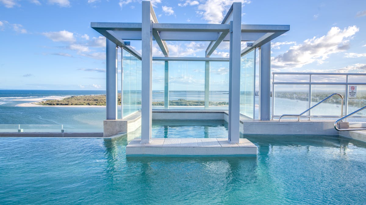 Views of Pumicestone Passage and the Glasshouse Mountains from the Roof Top Pool and Spa