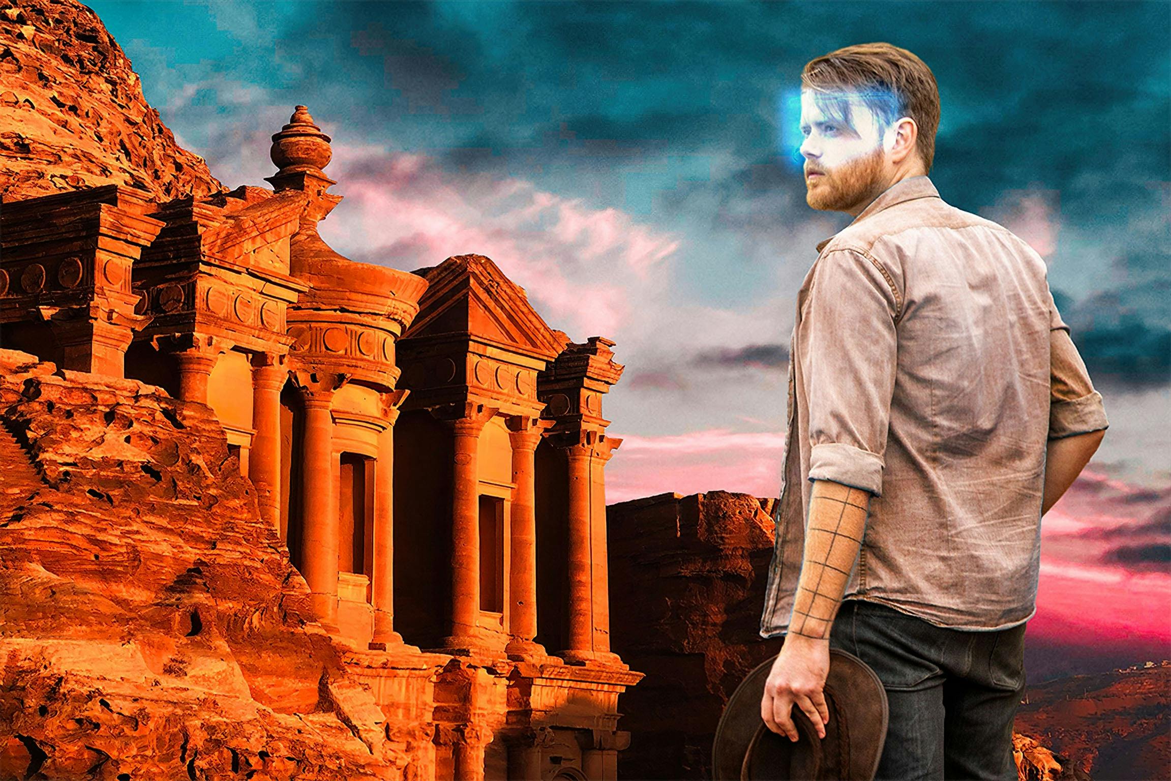 Man with a glowing VR headset looking at the ruins at Petra in an escape room
