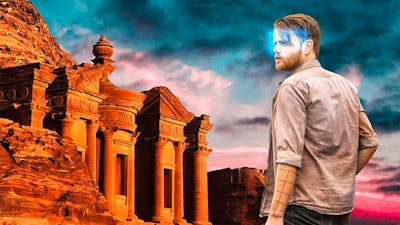 Man with a glowing VR headset looking at the ruins at Petra in an escape room