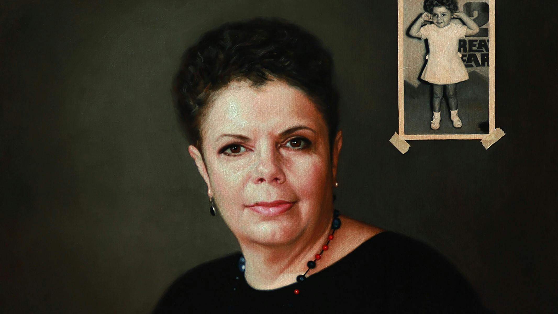 A portrait of a woman with a black and white photo of her as a child painted in the corner