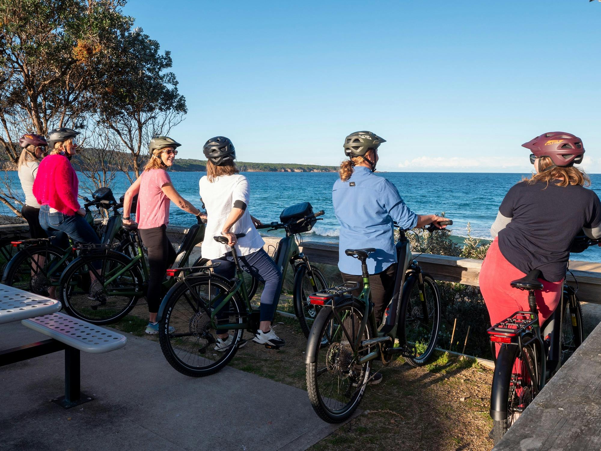 Group stopping to admire Aslings Beach on the e-bike tour Eden