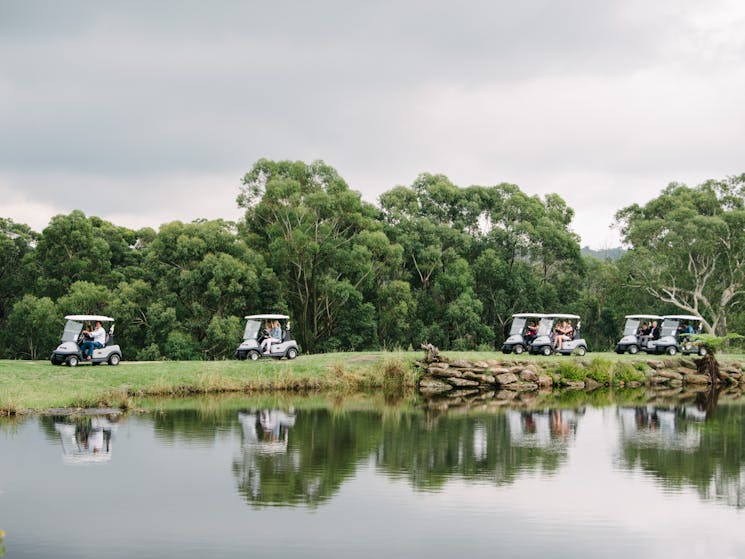 The Springs Golf Carts Travelling around a Body of Water on Golf Course