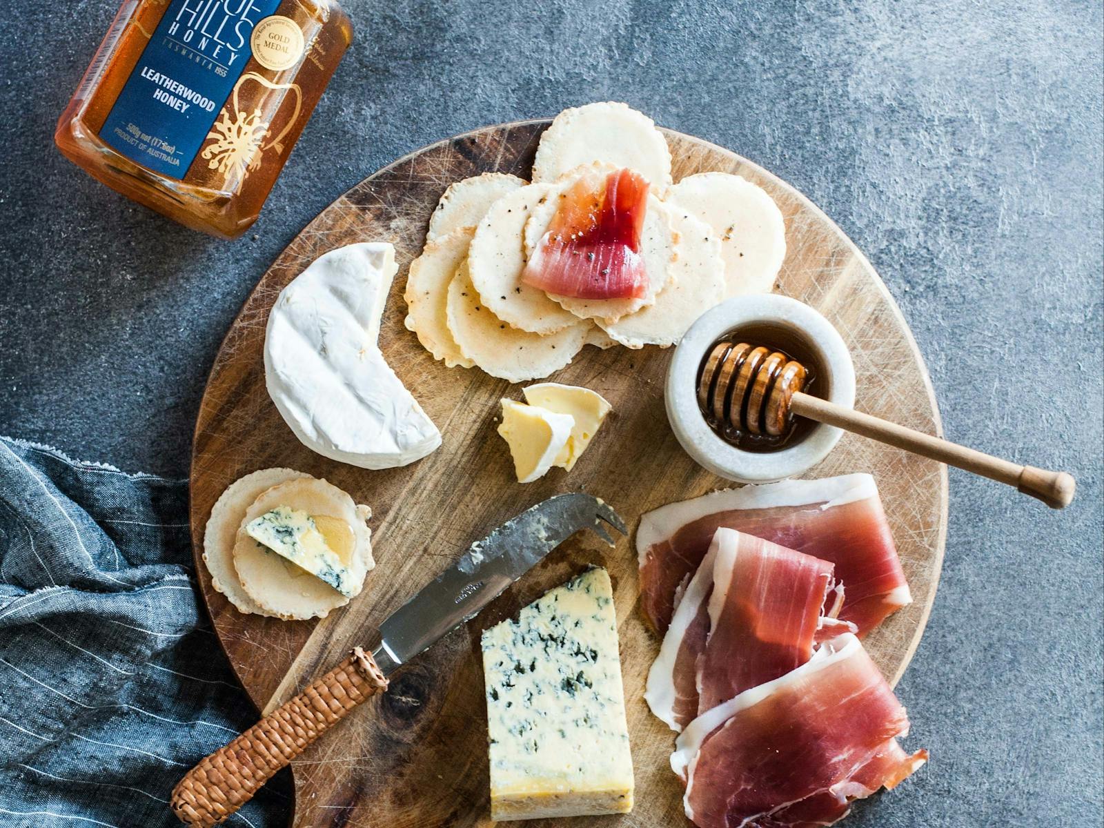 Selection of Tasmanian cheeses with Tarkine Leatherwood