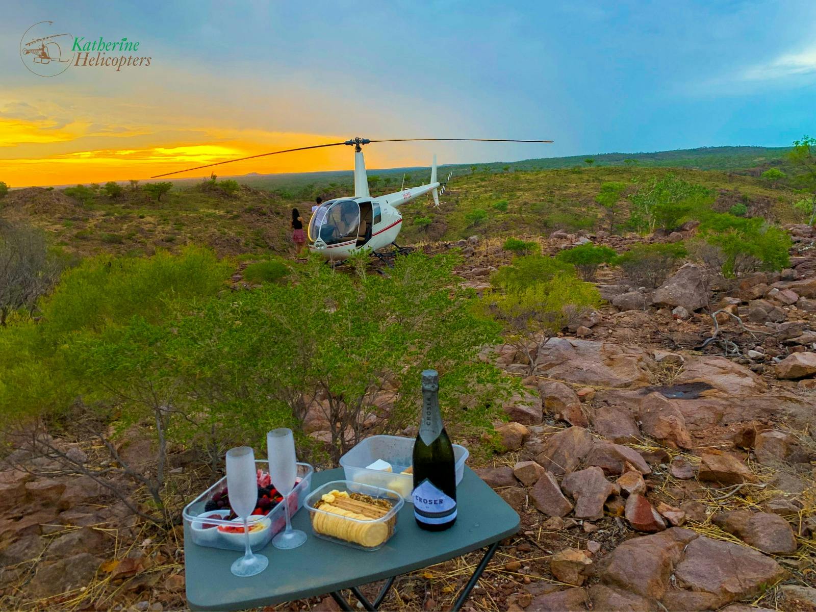 Sunset helicopter tour flight with champagne platter