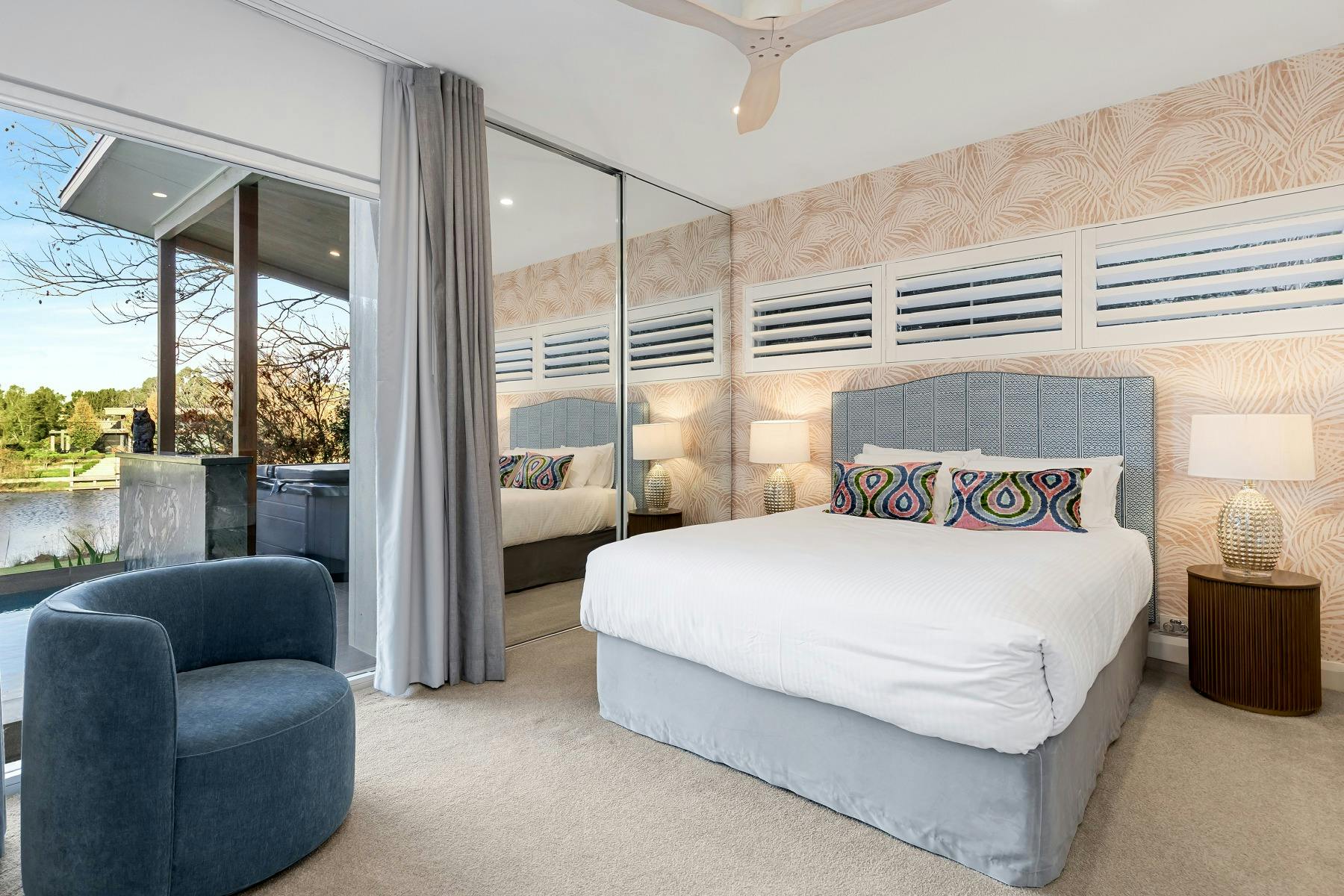 Rosalie Estate bedroom 2 overlooking the pool and pond