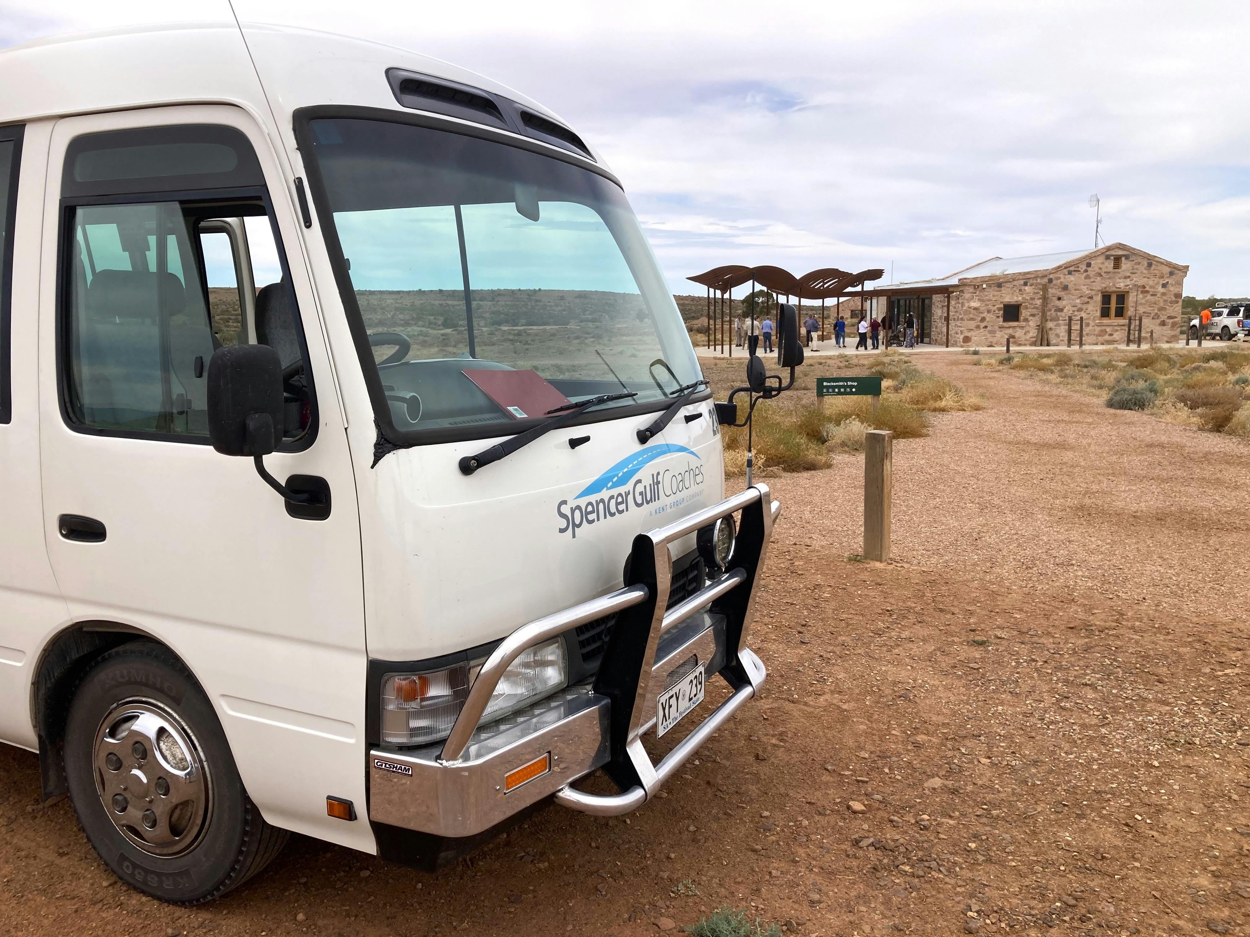Mini Bus at entrance to Nilpena Ediacara Visitor Centre