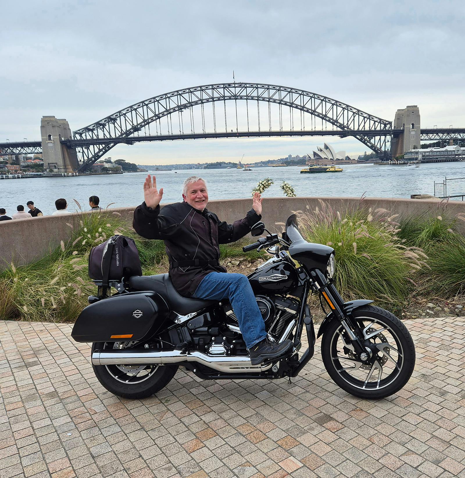 Harley tour passenger and Sydney Harbour Bridge