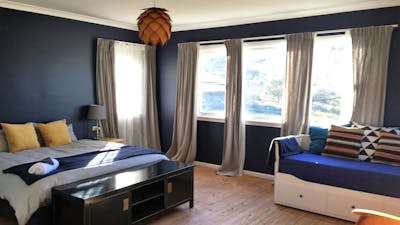 Big sunny bedroom with dark blue walls & light timber floor. King bed & daybed, colourful cushions.