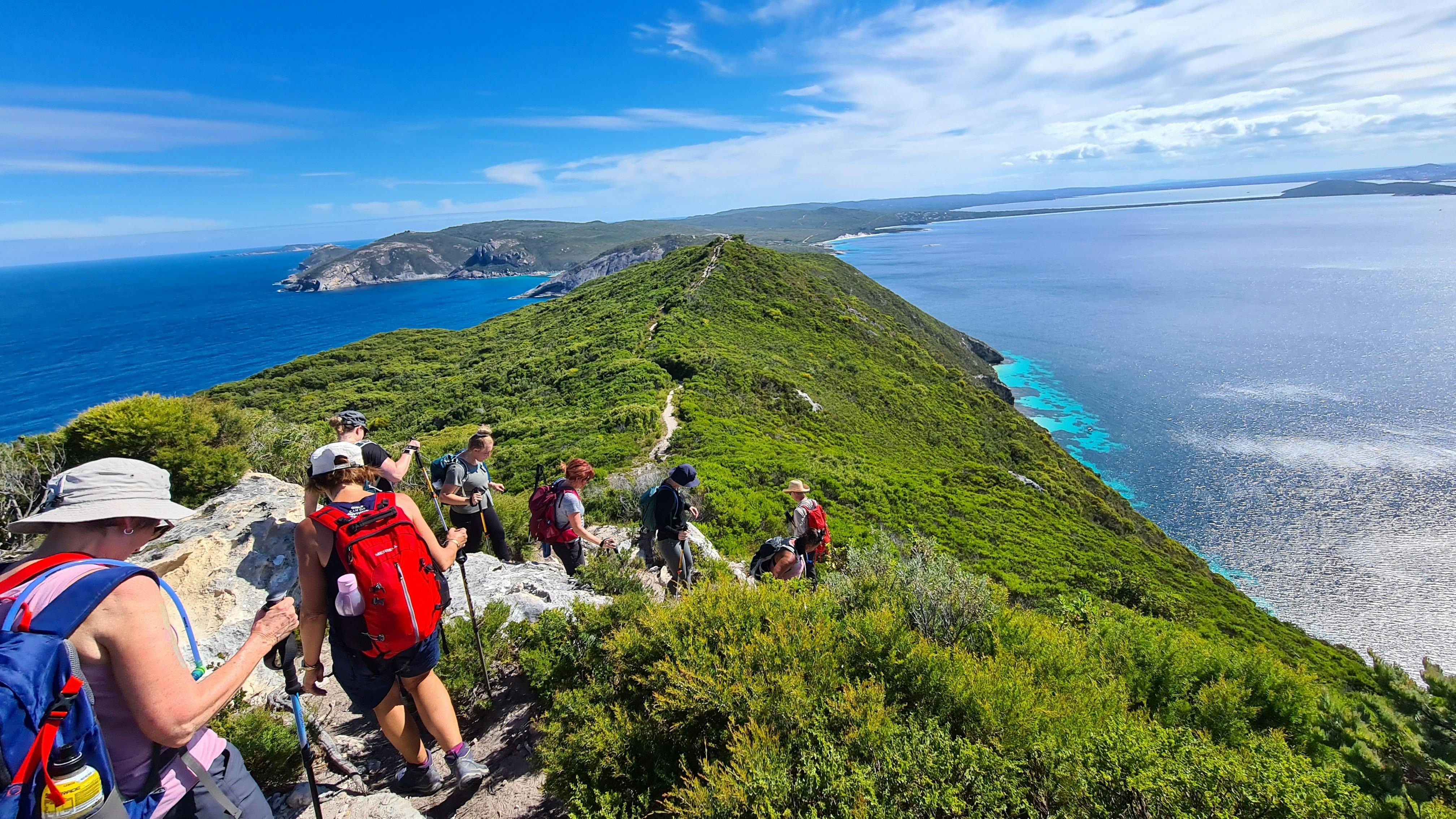 Happy hikers walking up coastal headland in Albany