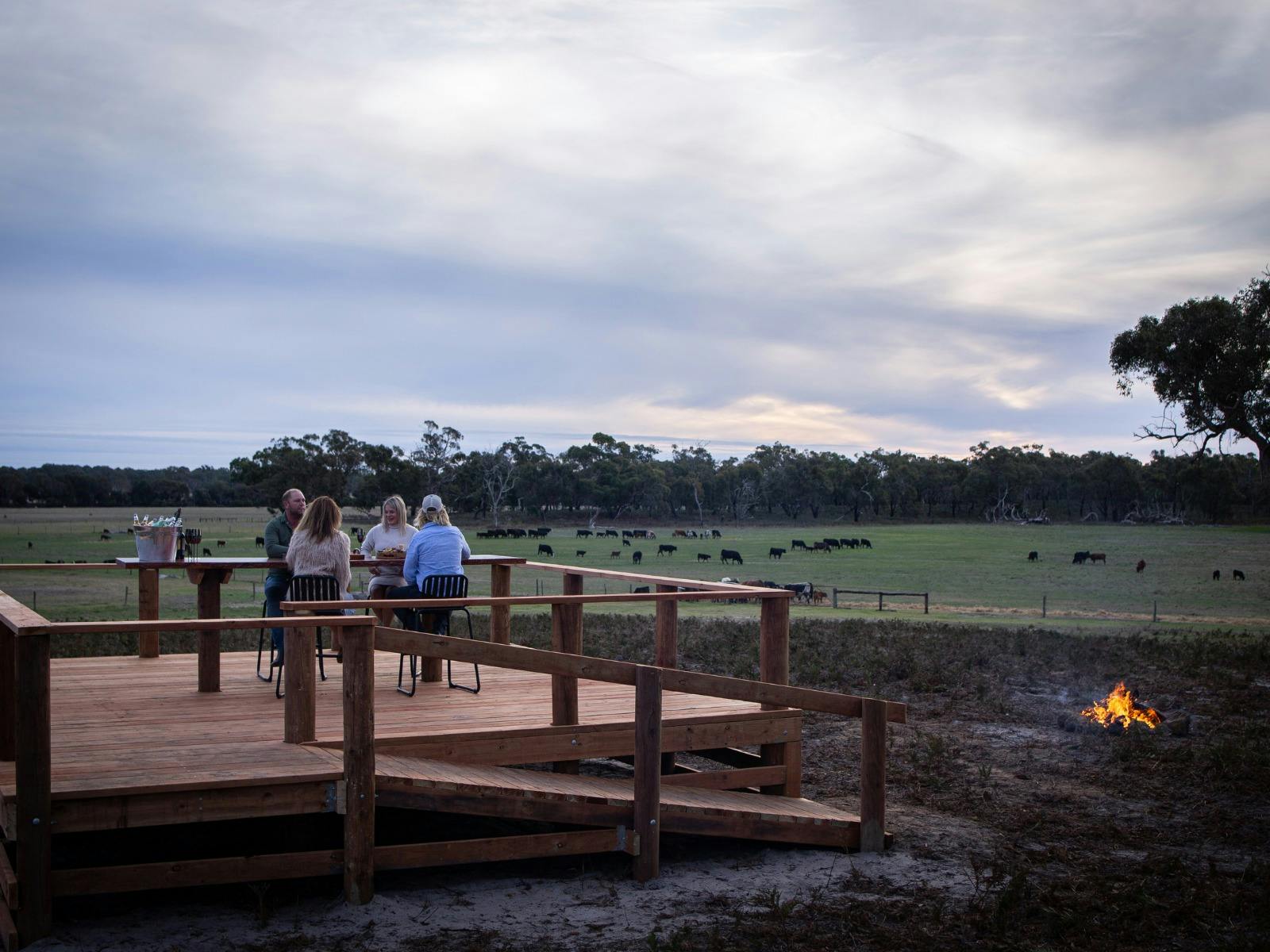 Guests on the viewing deck with a warm fire