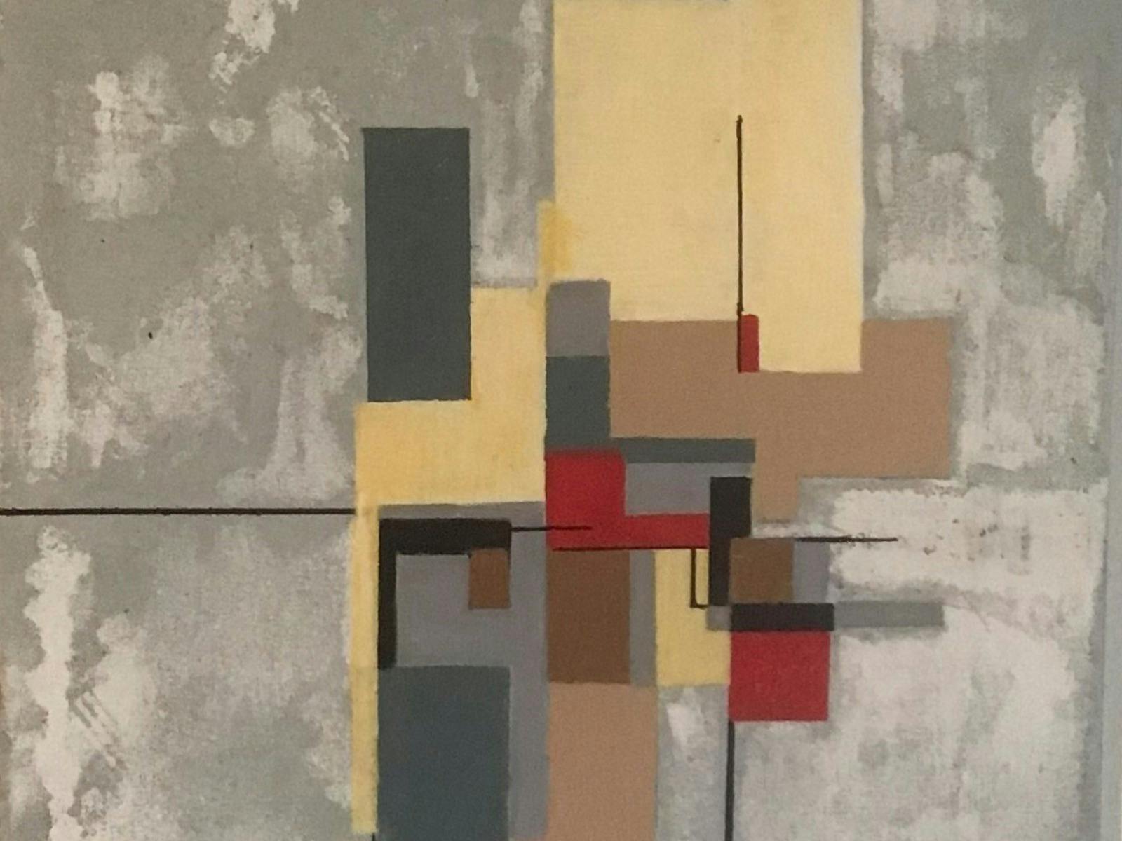 cropped view of abstract painting featuring grey, cream, charcoal, taupe and red squares