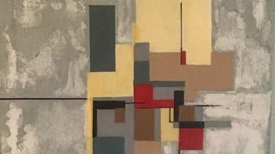 cropped view of abstract painting featuring grey, cream, charcoal, taupe and red squares