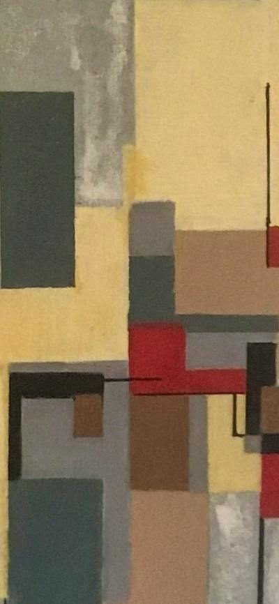 cropped view of abstract painting featuring grey, cream, charcoal, taupe and red squares