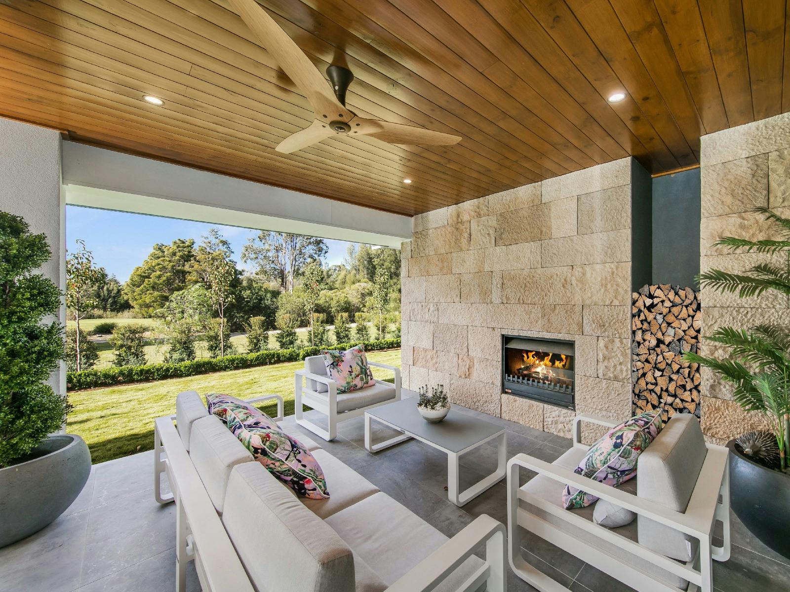 Hunter Valley Wildflower outdoor entertainment area including lounge area and fireplace