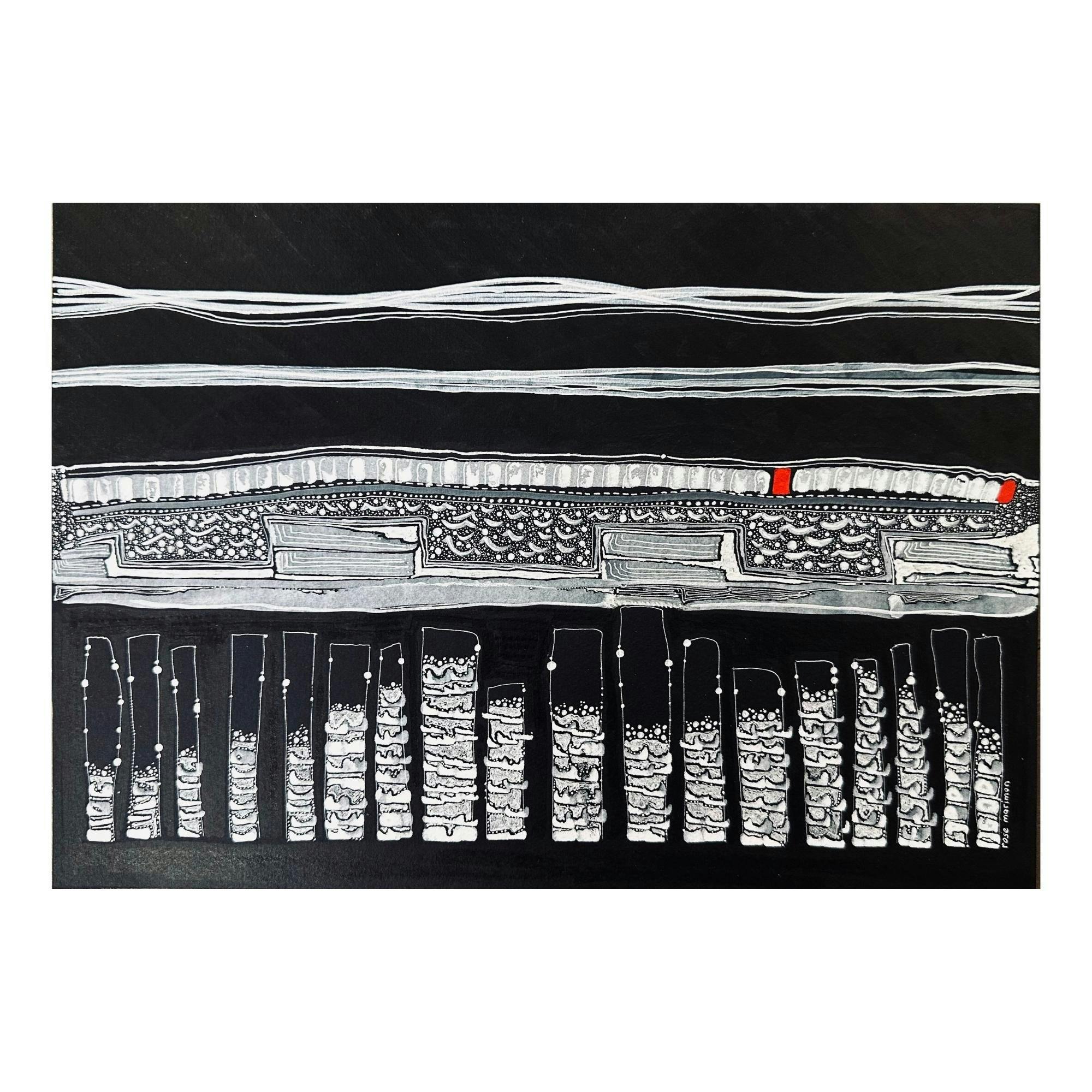 horizon mountains and verticle rectangles in white paint on black