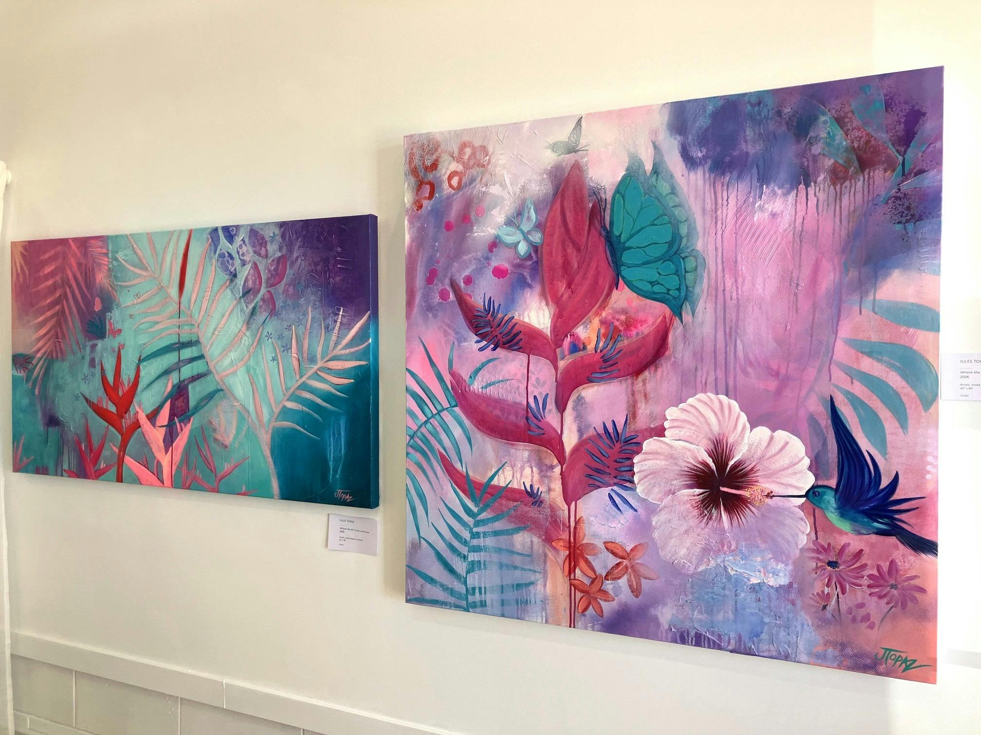 Vibrant, original, tropical abstract artwork displayed on our main gallery walls