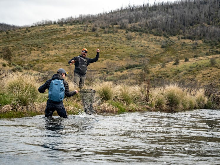 Fly fishing for trout in the Snowy Mountains in Kosciuszko National Park