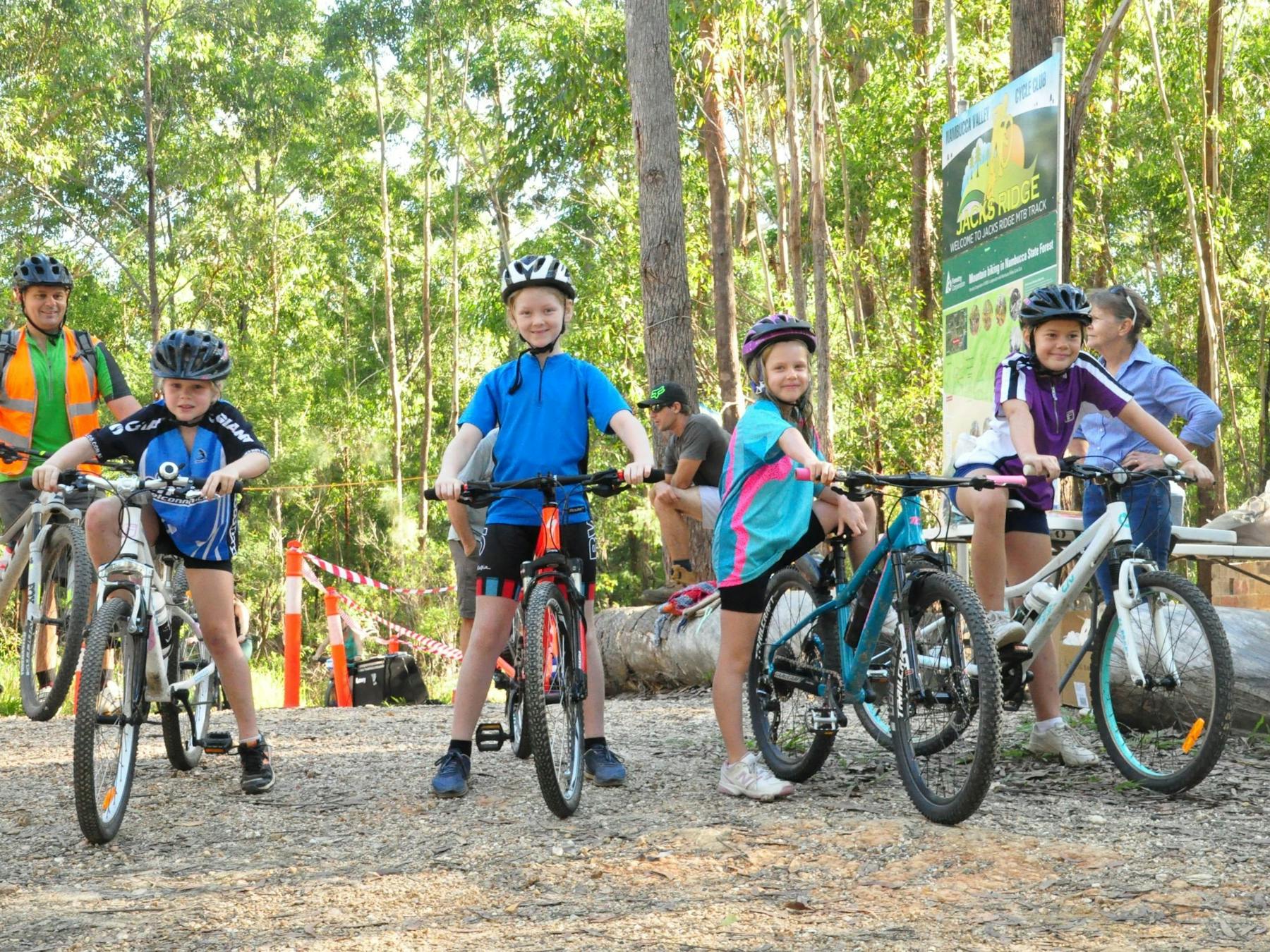A group of girls on their bikes, ready to ride at Jacks